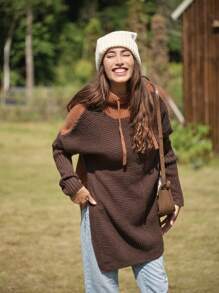 LanaWest Women Hooded Contrast Color Split Hem Casual Pullover Sweater, Long Sleeve