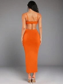 Silquee Solid Cut Out Waist Cami Bodycon Dress - Orange - View 2