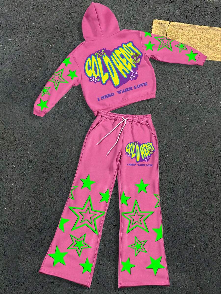 Manfinity Hypemode Men's Casual Letter Heart Creative Star Pattern Pink Hooded Sweatshirt And Pants Set ,Men Tracksuit ,Fall And Winter Men Clothes