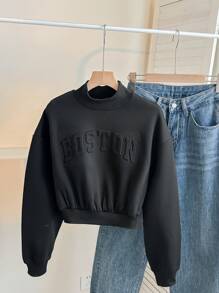 SHEIN Áo nỉ dài tay cổ đứng in chữ cho bé gái tuổi teen - màu đen - Xem 6