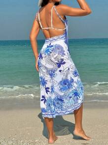 Swim Vcay 女士龍紋花卉印花海灘披肩和服罩衫，適合度假穿著