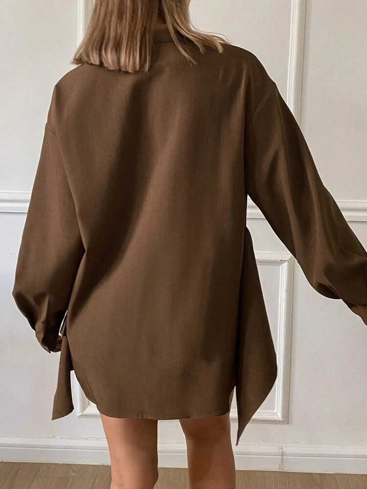Women Casual Solid Color Long Sleeve Stand Collar 2 In 1 Long Loose Blouse, Spring,Fall Clothes,Back To School Clothes