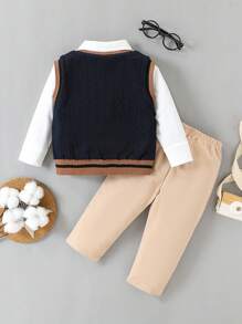Souflis Souflis 3pcs Baby Boy Cute Collegiate Style Letter Embroidered Knit Vest, Long Sleeve Shirt & Brown Suit Pants Set, Gentleman Style Outfit, Warm & Elegant For Autumn/Winter, Suitable For Occasions Like Parties, Weddings, School Season - Royal Blue - View 2