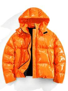 Manfinity RebelGame 男士亮面纯色宽松长袖连帽休闲夹克，冬季外出泡泡袖外套，时尚冬装外套，适合朋友、丈夫、男朋友的礼物 - 橘色 - 查看 6