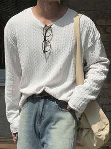 DAZY 男士纯色圆领长袖休闲宽松T恤，秋季 - 白色 - 查看 8