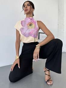 Firerie 1pc Women's Shoulder Strap Printed Elegant Vacation Blouse - Apricot - View 3