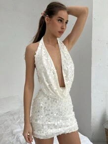 Aloruh 女式吊带露背垂坠领吊带上衣和闪光迷你裙性感两件套派对装 - 白色 - 查看 3