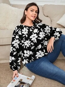 SHEIN LUNE Minimalist Casual Monochrome Floral Waffle Pattern Loose Fit Sweatshirt, Plus Size, For Autumn/Winter