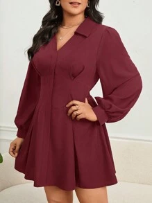 SHEIN Privé 大码 Polo 领收腰 A 字形 V 腰衬衫连衣裙 - 酒紅色 - 查看 6