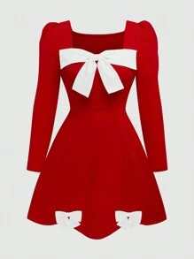 SHEIN Unity Váy midi đỏ cỡ lớn cho nữ tay bồng, cổ vuông và nơ, trang phục Giáng sinh cho năm mới - Đỏ - Xem 7