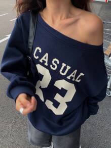 DAZY 宽松保暖内衬字母印花露肩卫衣，女士Y2K风格，秋季服装 - 藏蓝色 - 查看 2