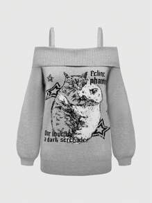 ROMWE Goth Suéter holgado con abertura en los hombros y patrón jacquard de gatos en talla grande en color gris