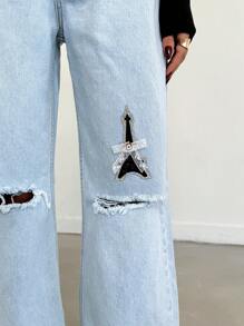 SHEIN Cottnline HIGH WAIST LIGHT BLUE WASH RIPPED BAGGY STRAIGHT JEANS - Medium Wash - View 4