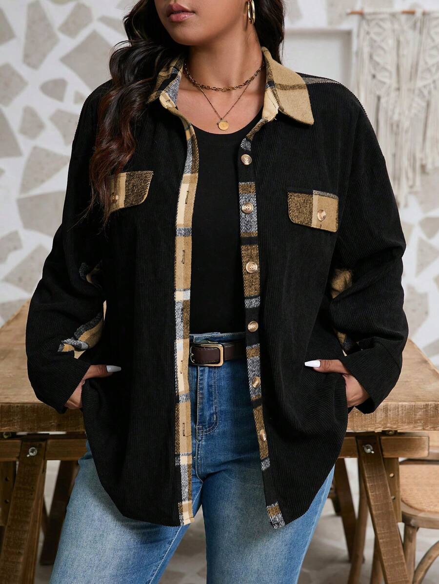 SHEIN LUNE Áo khoác vải tuýt kẻ caro màu rộng rãi thời trang dành cho nữ cỡ lớn - Màu Khaki - Xem 1