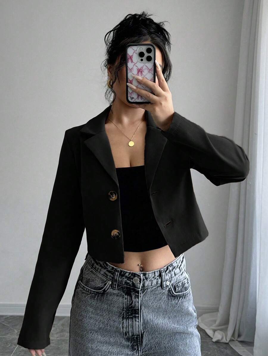 Selianne 1 件女式短款单排扣长袖西装外套，咖啡棕色 - 黑色 - 查看 1