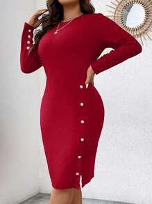Nubod 大码纯色圆领长袖纽扣装饰简约休闲连衣裙新年衣服 - 紅色 - 查看 5