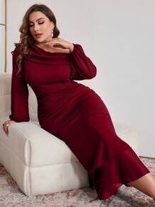 Modelyn Vestido asimétrico de cola de pez de unicolor elegante talla grande, para primavera/otoño, vestidos ajustado elegantes para fiesta de noche/invitada de boda/aniversario, vestido largo burdeos maxi para mujer