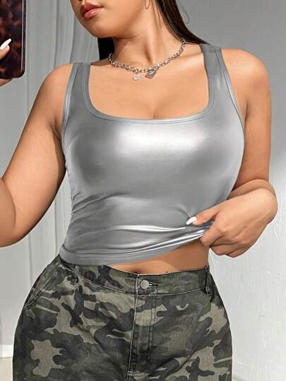 SHEIN EZwear 大码女式黑色人造皮革后背背心，休闲装，适合万圣节