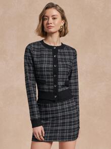 SHEIN Unity 女士前扣长袖简约针织上衣和裙子优雅套装 - 黑與白 - 查看 1