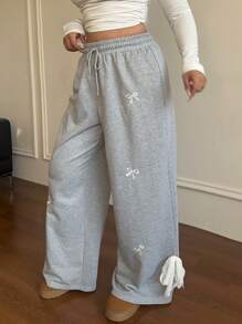 Flirla Plus Size High Waist Casual Sweatpants With Bow Print Patchwork, Suitable For Back To School Season - Grey - View 6