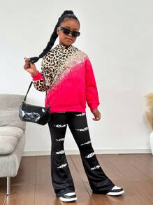 Ensemble sweat-shirt à capuche léopard brillant rose vif et leggings usés, décontractée pour filles pré-adolescentes. Convient pour le port quotidien en automne/hiver
