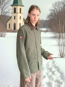 Manfinity VCAY Men's Casual Loose-Fit Contrast Stitching Long Sleeve Cardigan, For Fall Winter - Dark Green - View 4