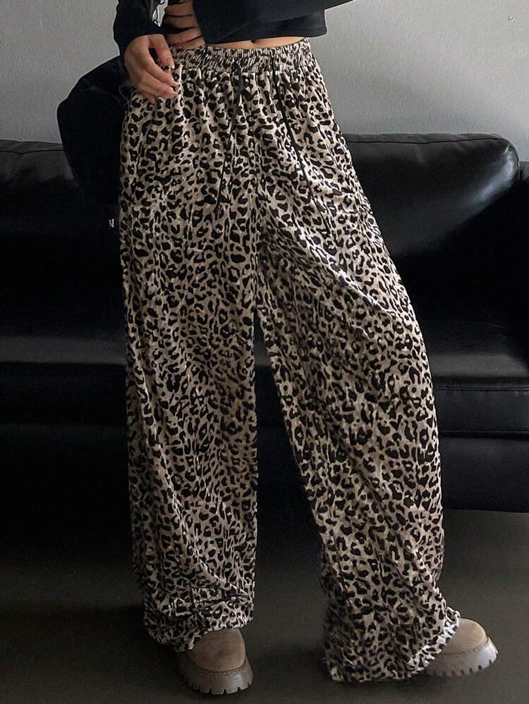 Leopard Print Loose Wide Leg Pants With Drawstring Elastic Waist Pockets For Women Cheetah Print