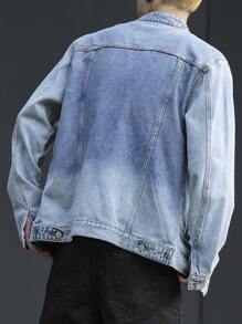 Claim Dot 大码男士休闲破洞牛仔夹克，前拉链，秋季 - 中等水洗藍 - 查看 2