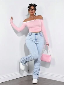 SHEIN ICON Plus Size Solid Color Pleated Pocket Casual Skinny Jeans