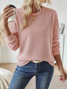 SHEIN LUNE 1 pièce Pull ras-du-cou femme de couleur unie à manches longues, style minimaliste, décontracté pour un port quotidien - Rose bonbon - Voir 7