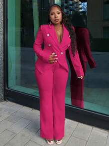 Slaydiva Elegant White Metal Button Slim Fit Suit Jacket And Pants Set - Hot Pink - View 4