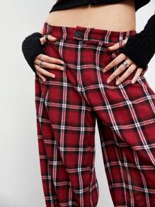 TRNVIE 1pc Women's Vintage Plaid Print Loose Straight-Leg Pants, Low Rise, Autumn/Winter - Burgundy - View 5