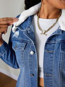 SHEIN SXY Plus Size Women Non-Stretch Denim Jacket With Sherpa Collar, Loose Fit Distressed Blue Denim Jacket For Autumn And Winter Christmas Thanksgiving - Medium Wash - View 3