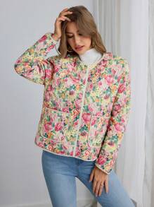 SHEIN VCAY 女士花卉印花长袖口袋短款夹棉外套，冬季 - 黃色 - 查看 6