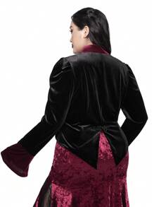 ROMWE Goth New Year Holiday Warm Thermal Velvet Lace Floral Splice Puff Sleeve Cardigan Jacket, Plus Size, For Winter - Black - View 2