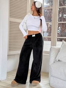 Muchica Quần nỉ ống rộng họa tiết miếng vá giải trí cho nữ - màu đen - Xem 5