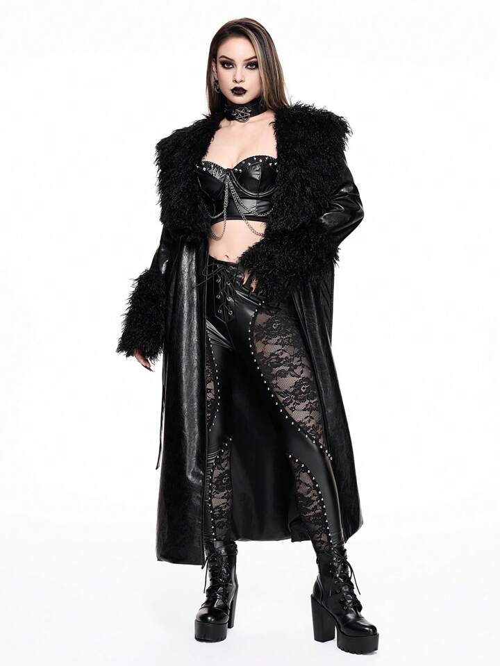 DRESSFO Women's Gothic Flocking Flare Pants - Skull Star Patchwork With Lace-Up Detail, Stretch Trousers For Edgy Streetwear & Themed Parties