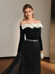 MOTF Soiréza VELVET CONTRAST STEREO FLOWER BOW DETAIL OFF SHOULDER SLIM FIT PARTY TOP - Black and White - View 5