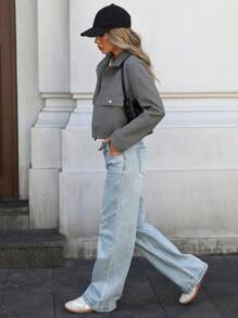 INAWLY Áo khoác dài tay đơn giản cài nút phía trước cho nữ, mùa thu/đông - Xám - Xem 4