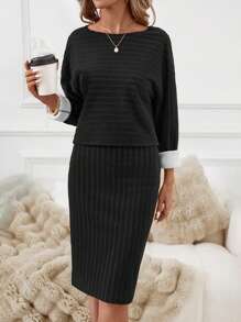 SHEIN Clasi 2pcs/Set Women Fuzzy Thermal Lined Long Sleeve T-Shirt And Dress, Warm Winter Outfits - Black - View 3