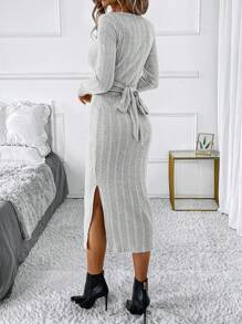 SHEIN Clasi Elegant Knotted Waist Design Round Neck Long Sleeve Slit Fitted Women Dress - Grey - View 2