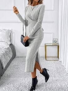 SHEIN Clasi Elegant Knotted Waist Design Round Neck Long Sleeve Slit Fitted Women Dress - Grey - View 4