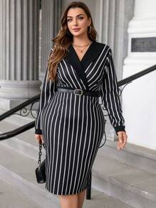 SHEIN Clasi Plus Size Women Elegant Striped Print Keyhole Fitted Dress, Spring Autumn, Without Belt - Black and White - View 5
