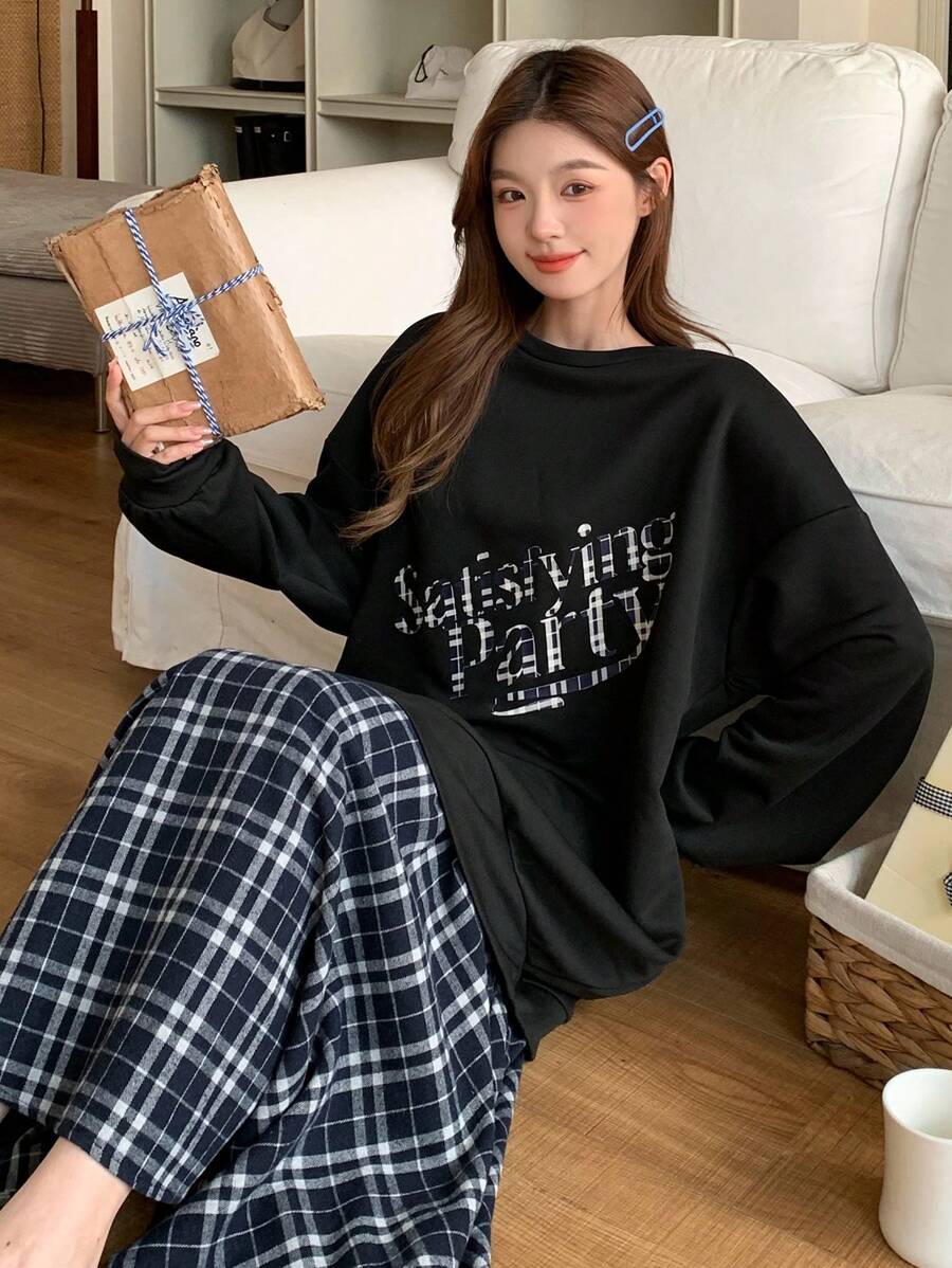 DAZY Piżama z grafiką w kratę i patchworkiem, luźna, na jesień i zimę - Czarne - Zobacz 1