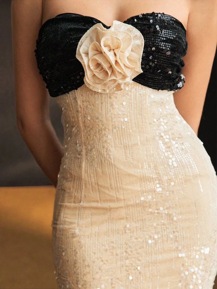 SEQUINS TWO TONE STEREO FLOWER DETAIL MERMAID HEM TUBE LONG DRESS