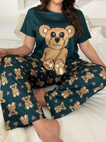 Cartoon Bear Print Short Sleeve Pajama Set With Pants - Multicolor - View 1