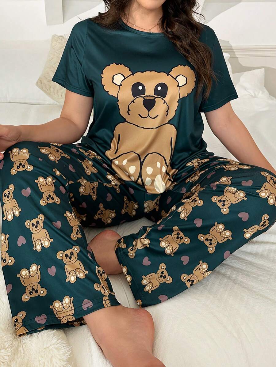 Cartoon Bear Print Short Sleeve Pajama Set With Pants - Multicolor - View 1