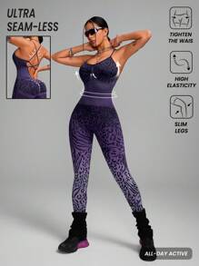 Innovista Seamless Animal Texture Ombre Athletic Sports Spaghetti Strap Jumpsuit, Tummy Control & Butt-Lifting Overall, Workout Outfits, Ombre Purple Spaghetti Strap Jumpsuit Workout, Spaghetti Strap Jumpsuits For Woman - Purple - View 2