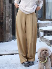 GENKIRA Women's Casual Plain Color Loose Fit Business Pants - Khaki - View 1
