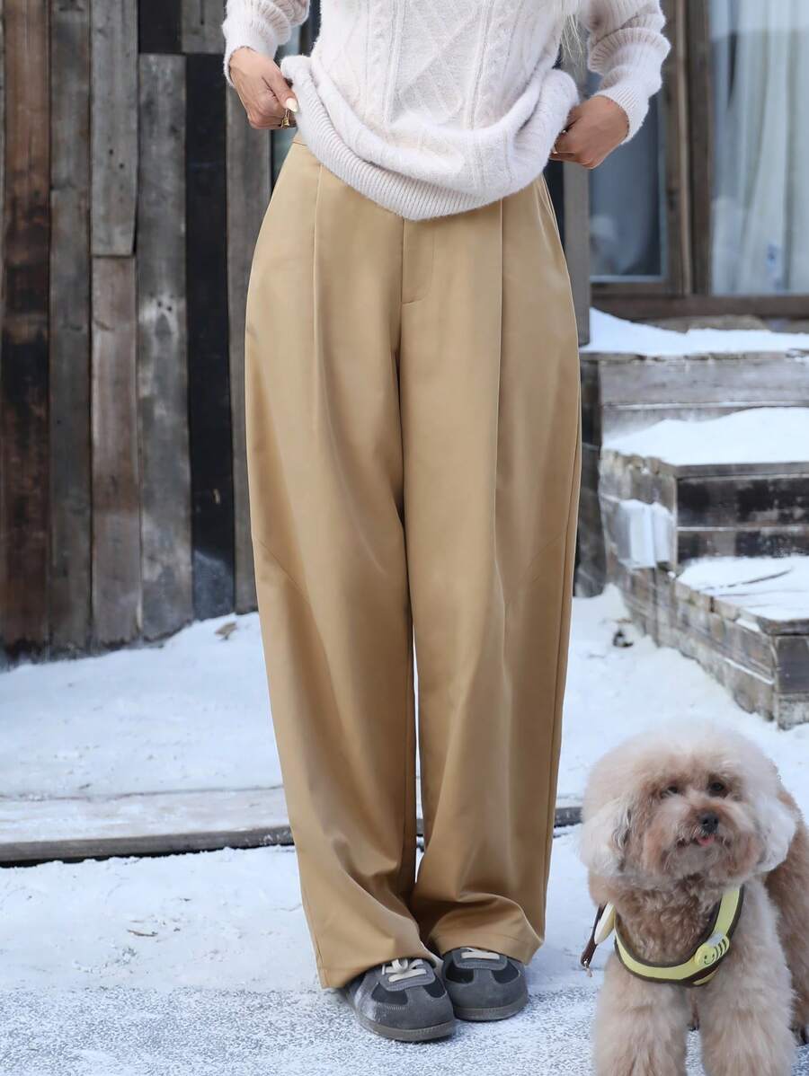 GENKIRA Women's Casual Plain Color Loose Fit Business Pants - Khaki - View 1